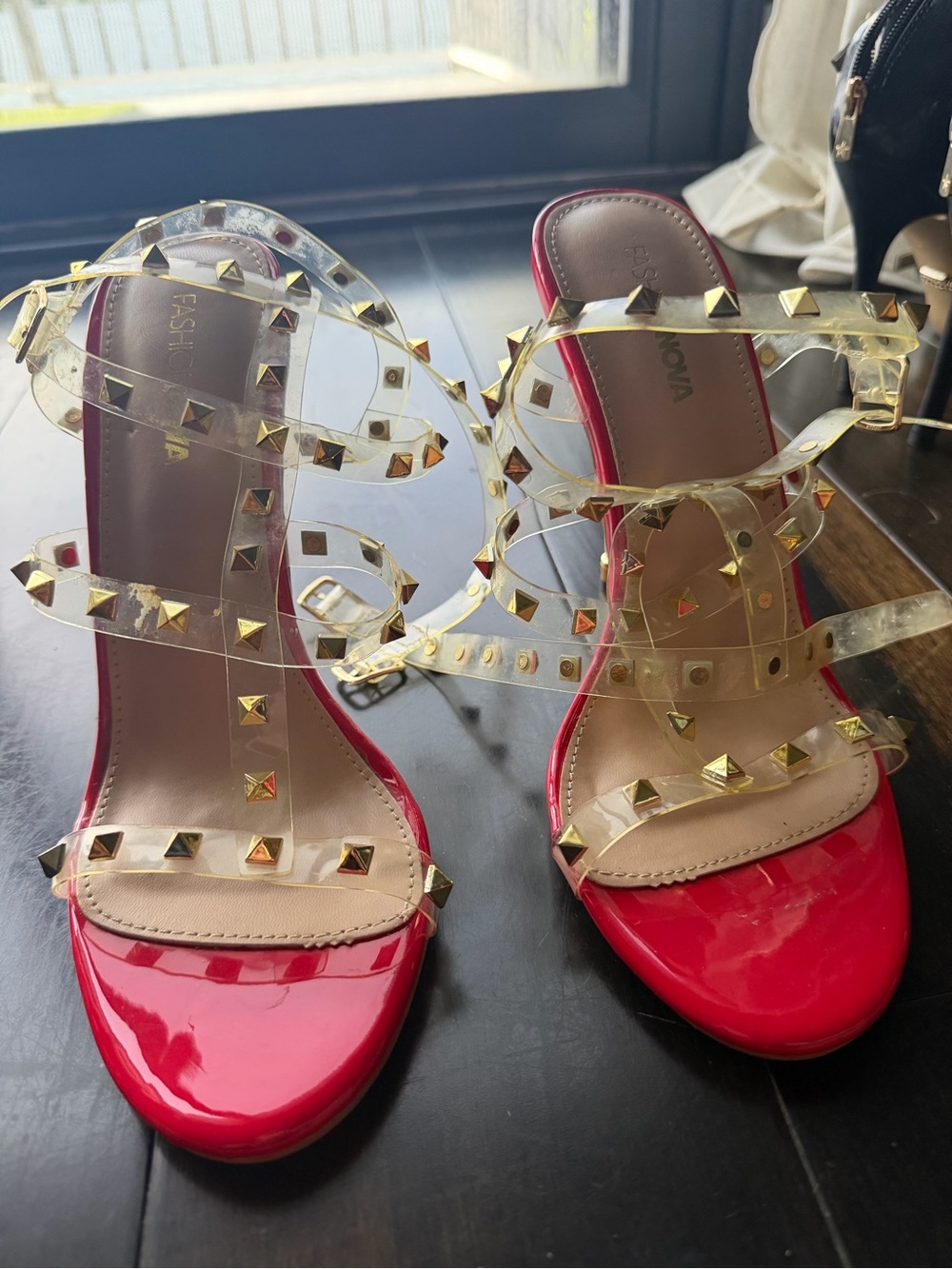 Fashion Nova Red Patent High Heel Sandals with Gold Studs